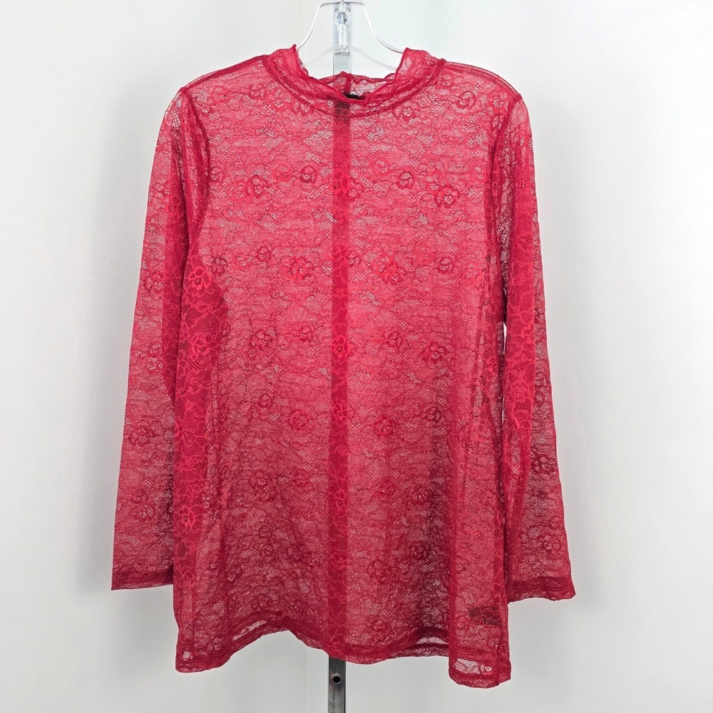 Torrid Lace Mock Neck Long Sleeve Sheer Top‎ Red 2